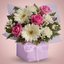 Pink and white floral gift box arrangement by Victoriana Florist