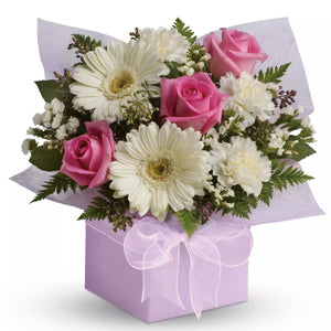 One of our best selling Beauties! This lady like arrangement of pure gerberas, roses and carnations.
