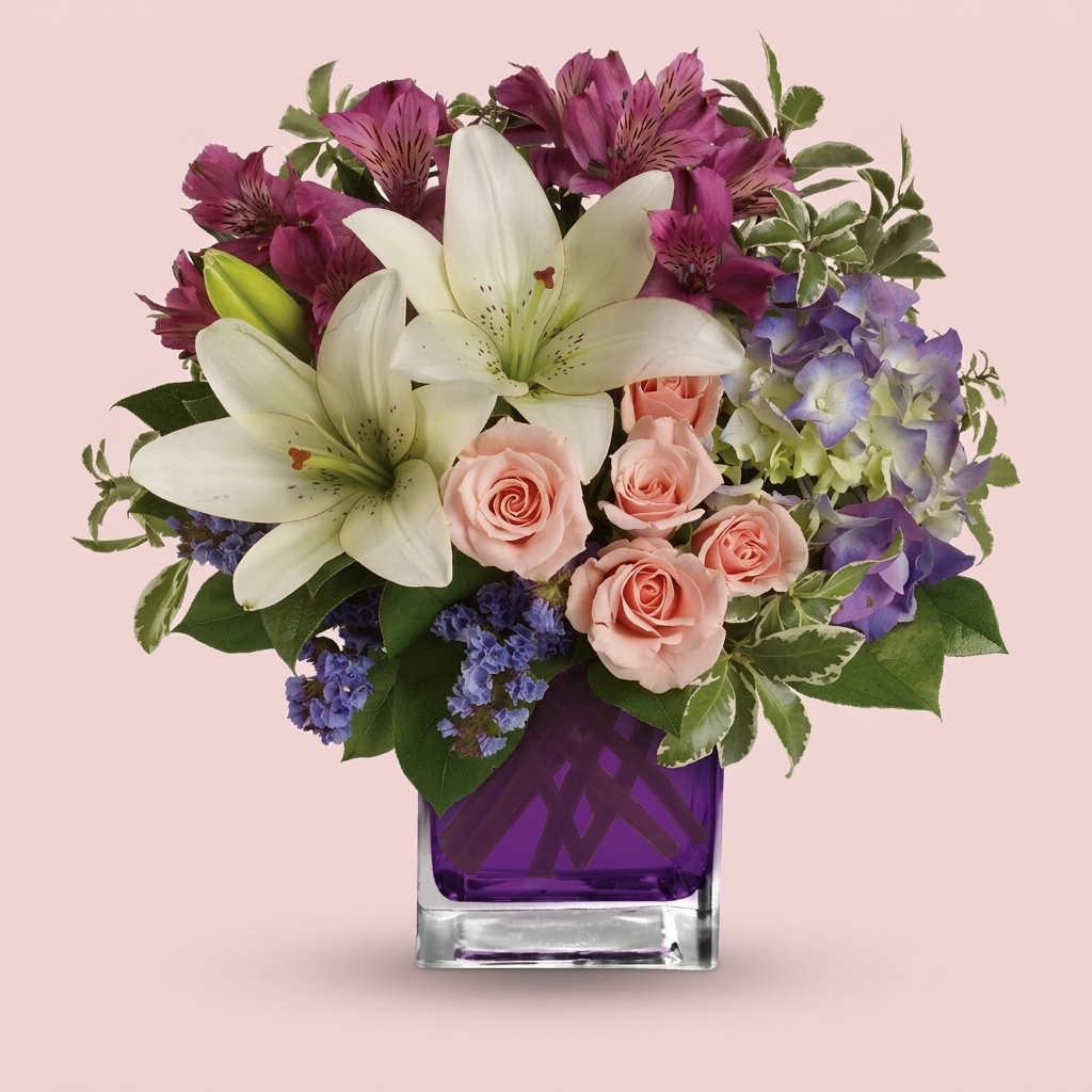 Elegant vase arrangement of pretty toned flowers by Victoriana Florist