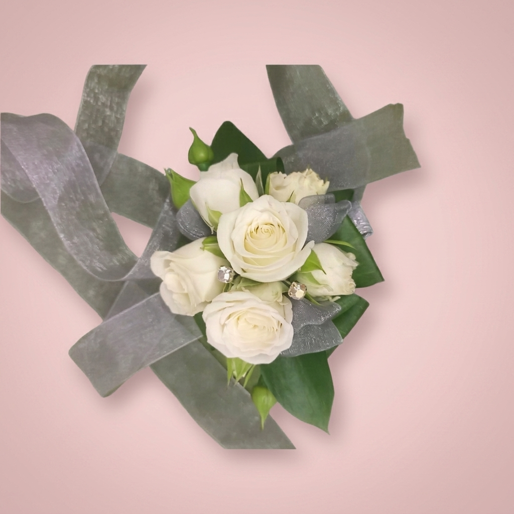 White mini rose wrist corsage with ribbon by Victoriana Florist Upper Hutt
