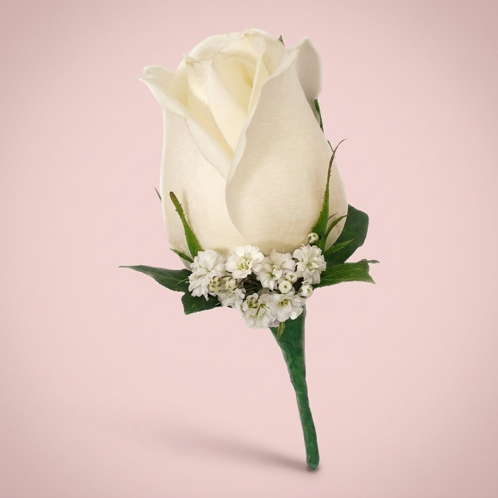 White rose buttonhole for ball season, made by Victoriana Florist Upper Hutt