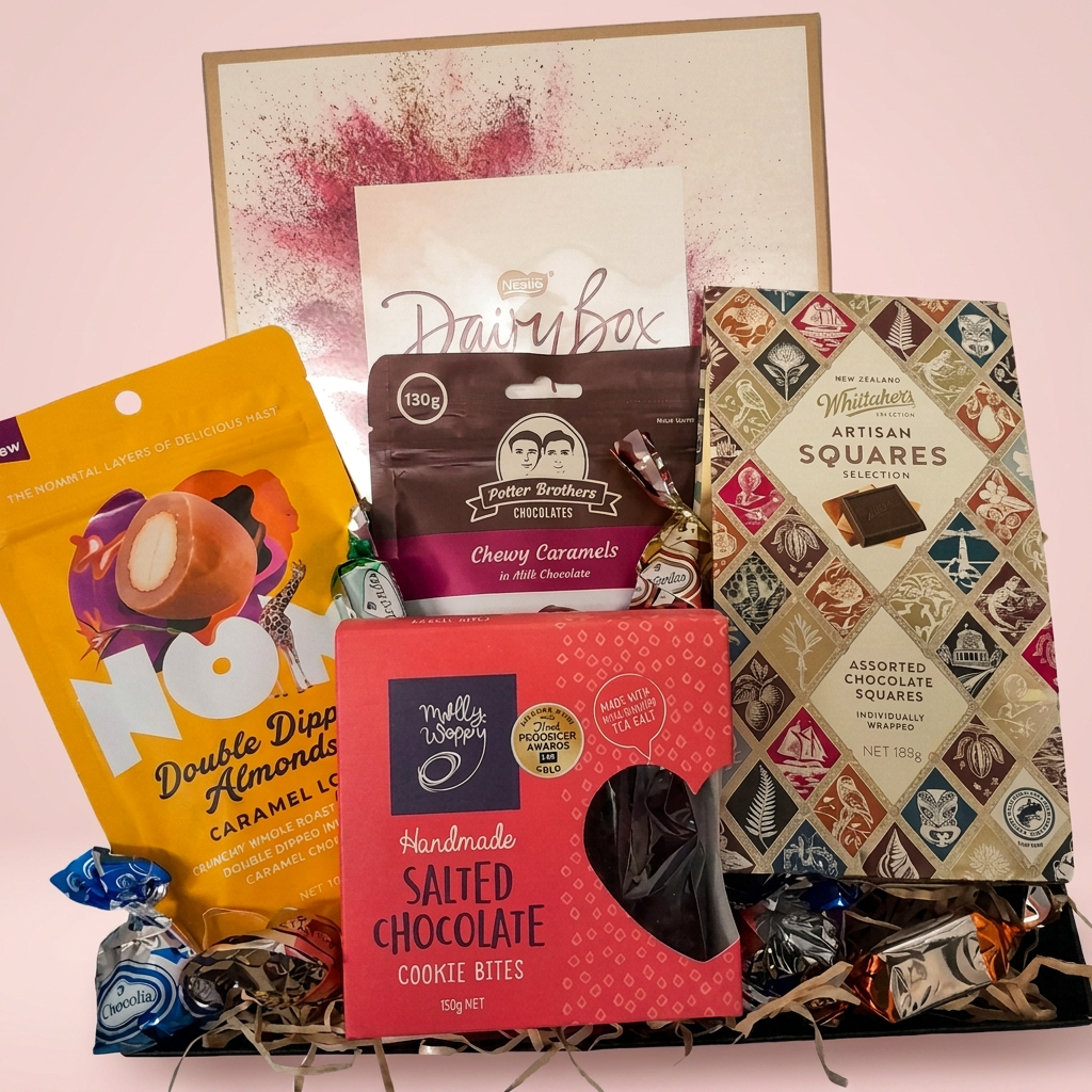 Chocolate gift hamper wrapped by Victoriana Florist, Upper Hutt Main image