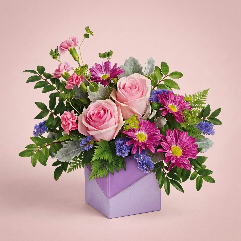 Pink flowers arranged in a gift box by Victoriana Florist Wellington Main image