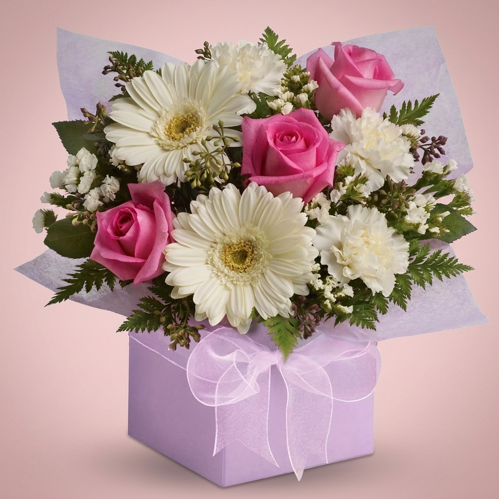 Pink and white floral gift box arrangement by Victoriana Florist Main image