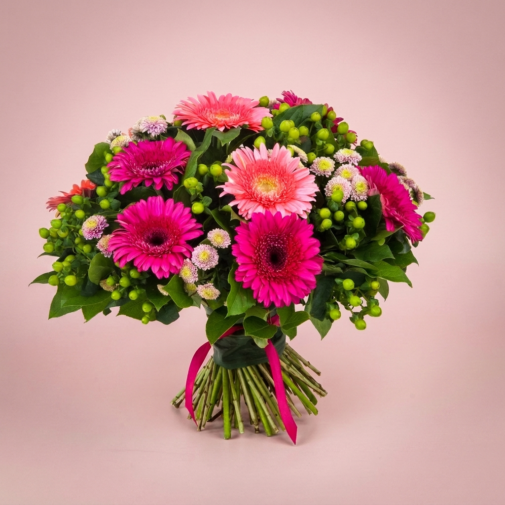 Bright mixed-colour gerberas hand-tied by Victoriana Florist Main image