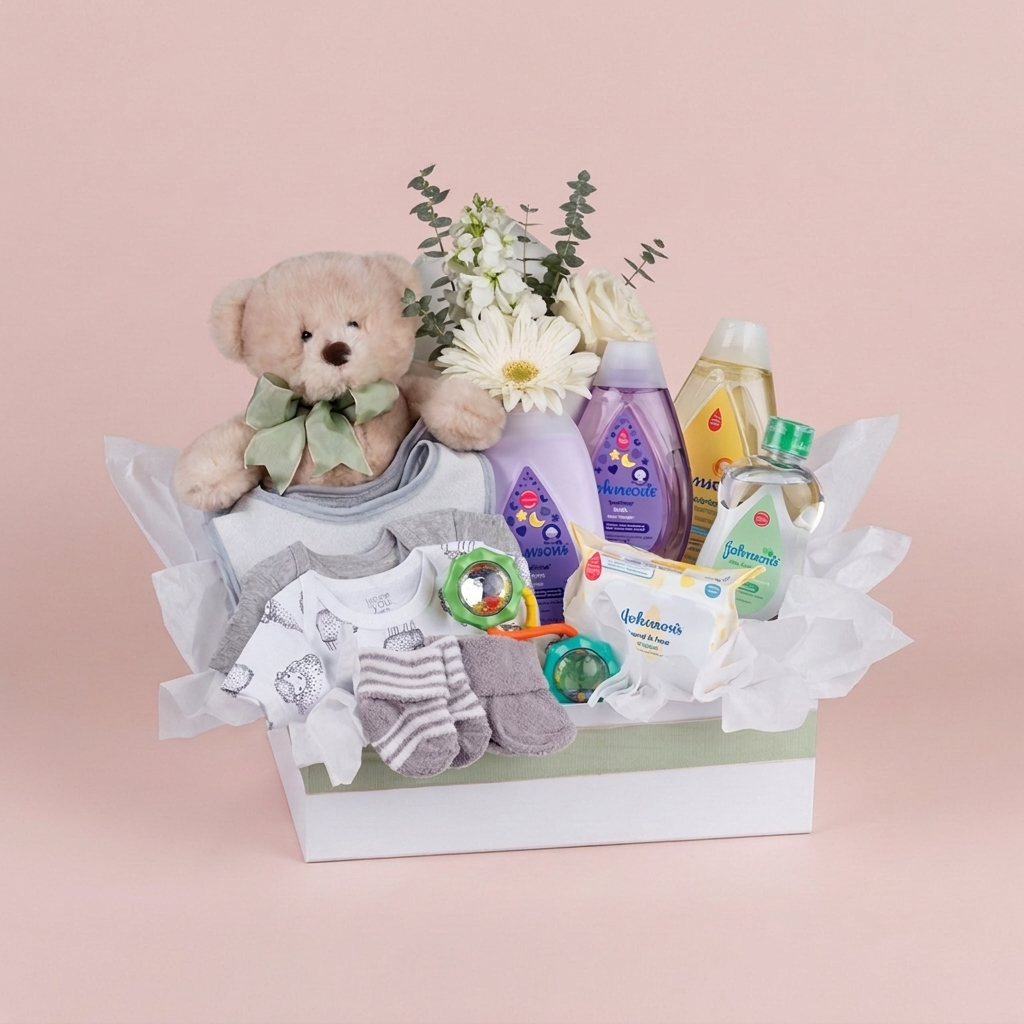 New baby gift hamper with keepsakes by Victoriana Florist Main image