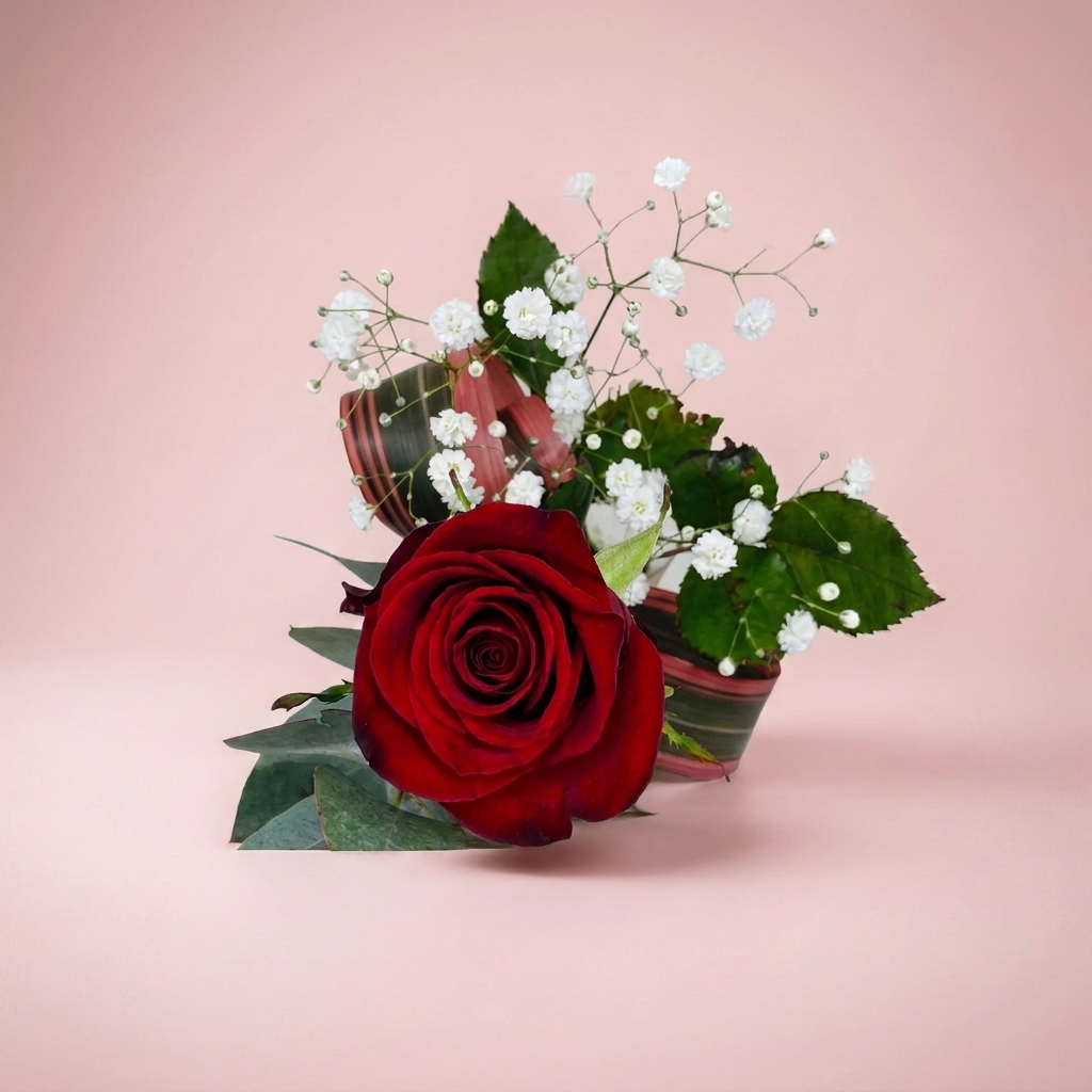 Single red rose gift wrapped with gypsophila by Victoriana Florist Main image
