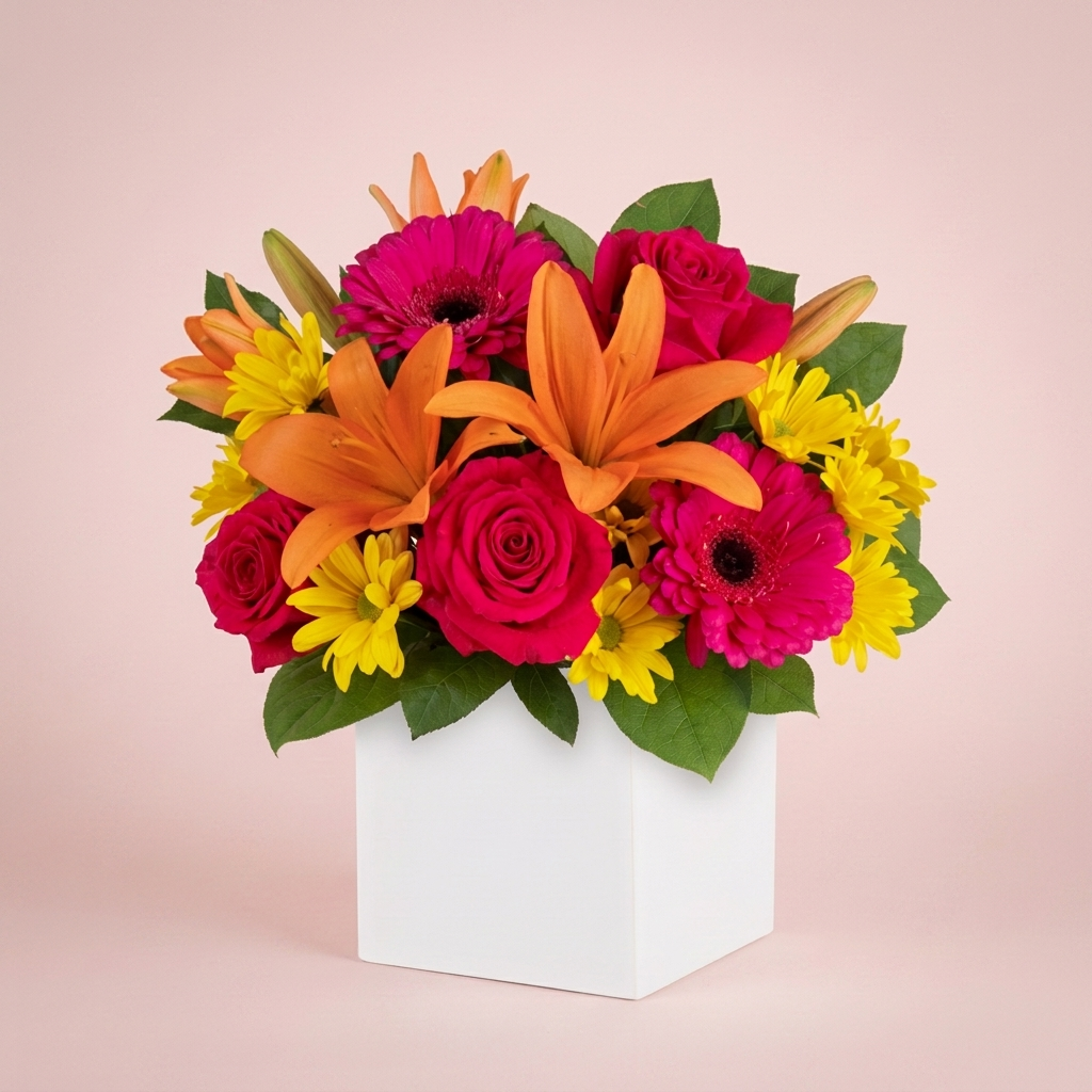 Bright mixed blooms arranged in a gift box by Victoriana Florist