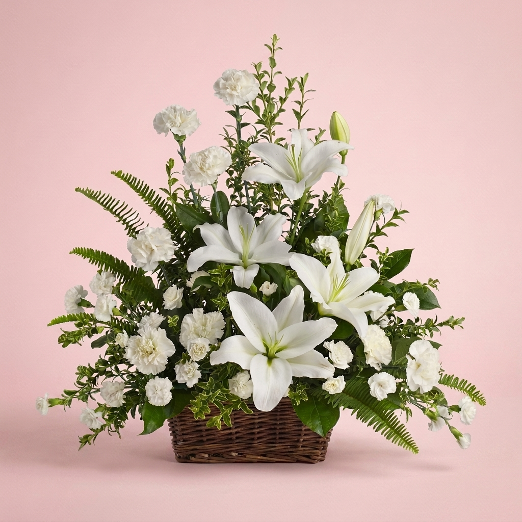 Sympathy flower basket in soft tones by Victoriana Florist Wellington Main image