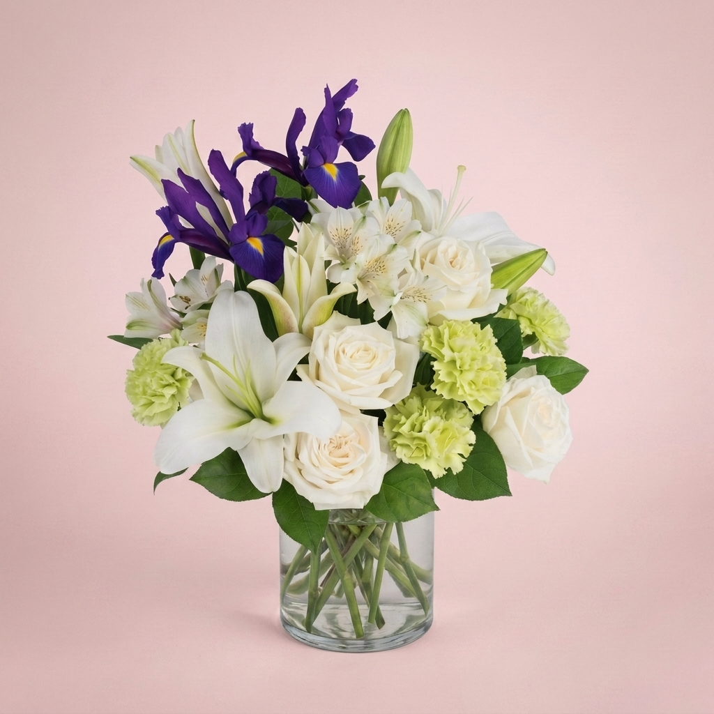 White and blue flowers arranged in a glass vase by Victoriana Florist Main image