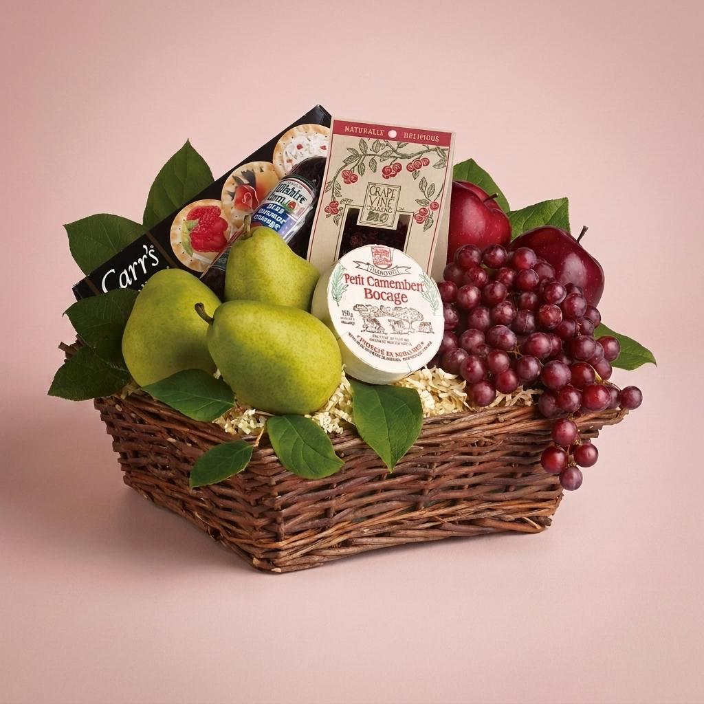 Gourmet hamper with fruit, cheese and crackers by Victoriana Florist Main image