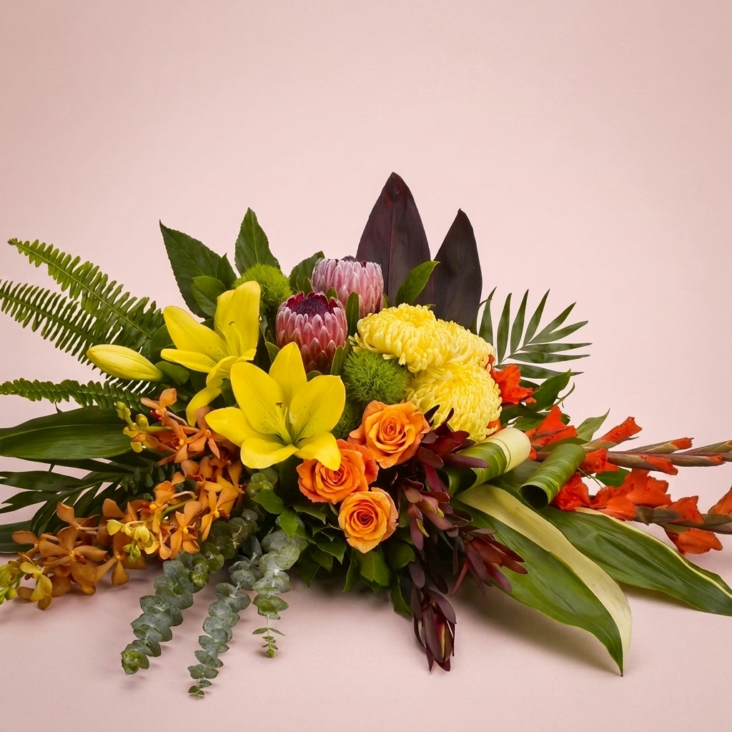 Funeral casket spray of fresh seasonal flowers by Victoriana Florist Wellington Main image